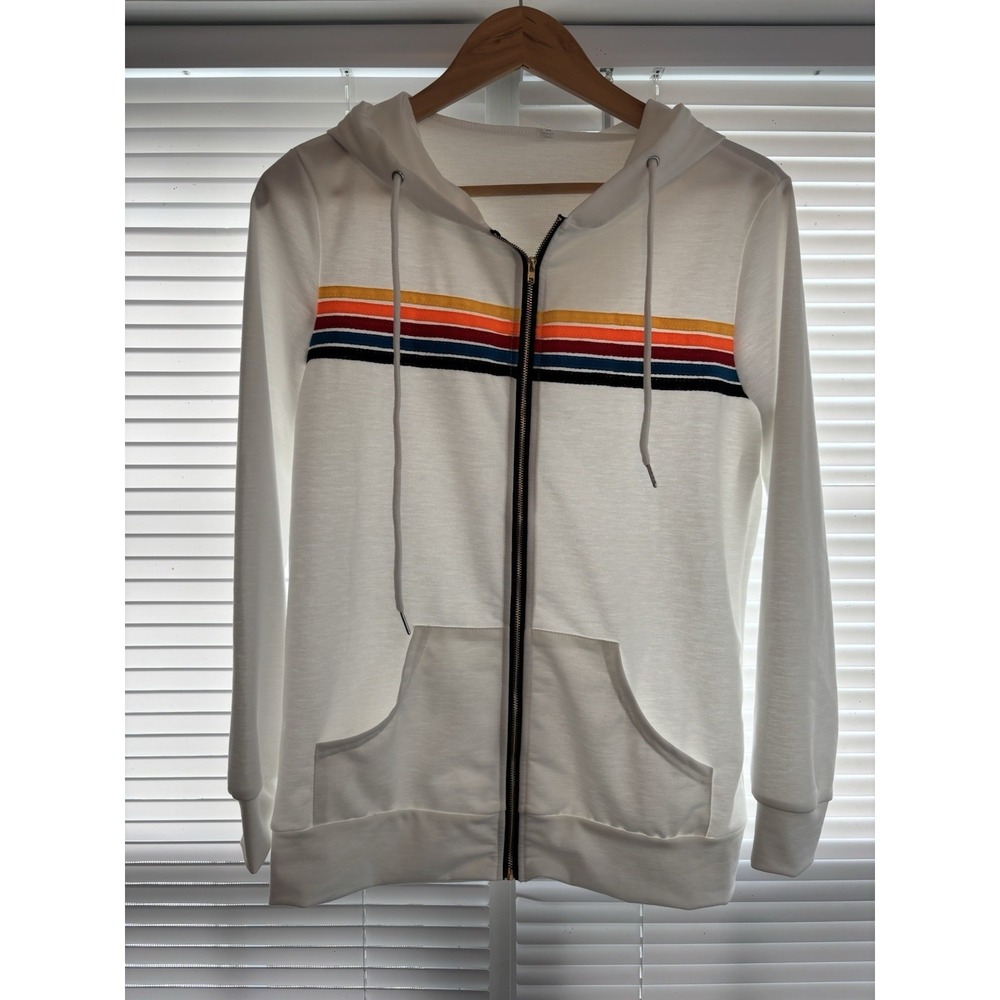 5-stripe Full Zip Hoodie Jacket Med White Unisex Rainbow Hooded Pockets